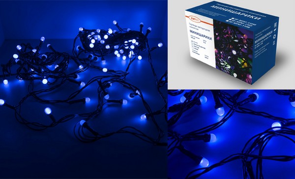 Гирлянда светодиод  Минишарики  9м+т-зел.  шнур 0, 7м, 100 LED, синий, контроллер SE-MINI-110B - фото товара