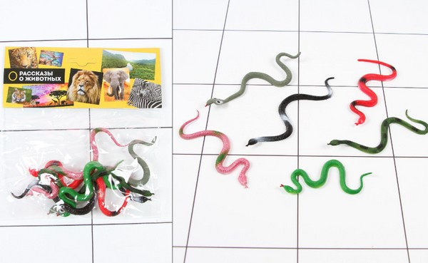 Игрушка пластизоль змеи 5  асс.  6 шт,  в пак с хэд - фото товара